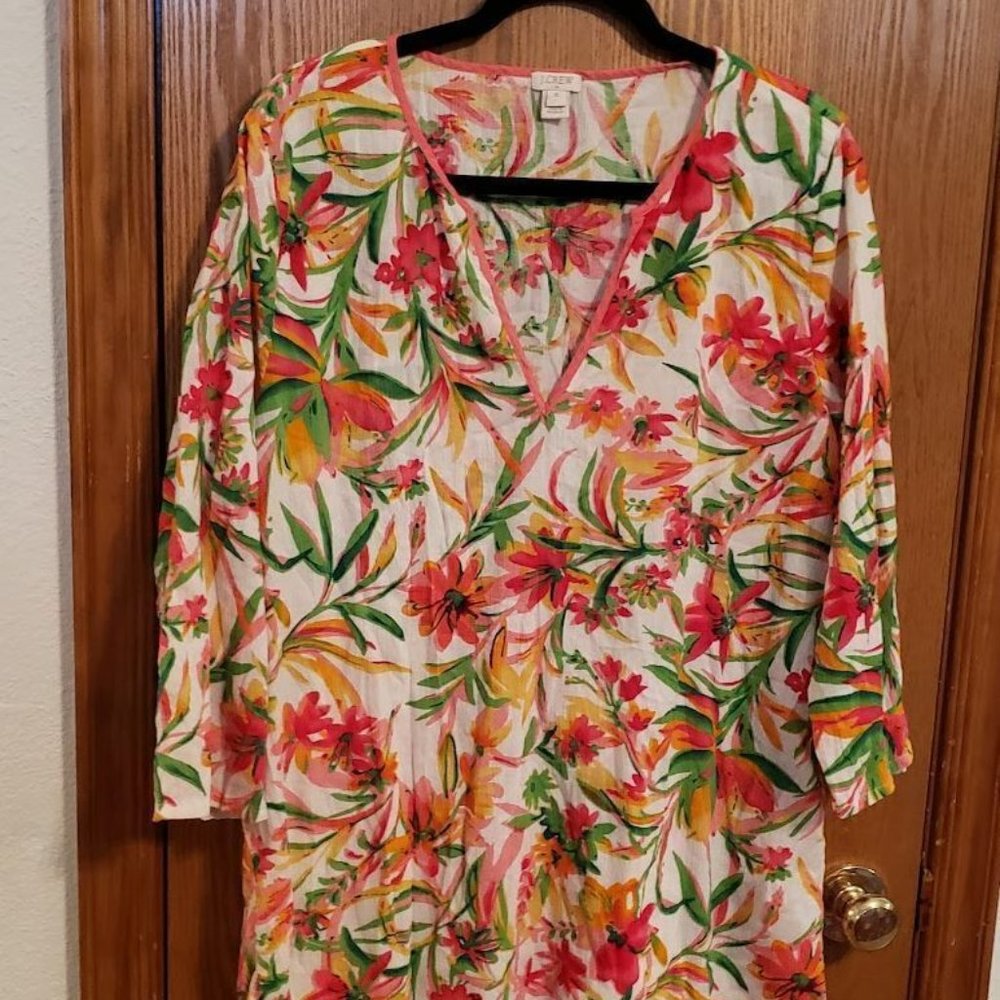J. Crew XL Tunic Top White Yellow Pink Green Floral Beach Coverup Cott…